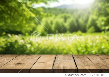 Wooden table and blurred green nature garden background. Old empty wooden table - green spring background 123761030