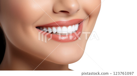 Perfect healthy teeth smile of a young woman. Teeth whitening. Dental care, stomatology concept. 123761097