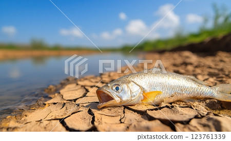 Dead fish on cracked earth beside a drying riverbed, illustrating the effects of climate change, drought, and environmental disaster. Dead fish on cracked earth beside a drying riverbed, illustrating the effects of climate change, drought, and environmental disaster. 123761339