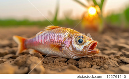 Dead fish on dry, cracked soil due to drought and water scarcity, illustrating the effects of climate change and environmental crisis. Dead fish on dry, cracked soil due to drought and water scarcity, illustrating the effects of climate change and environmental crisis. 123761340