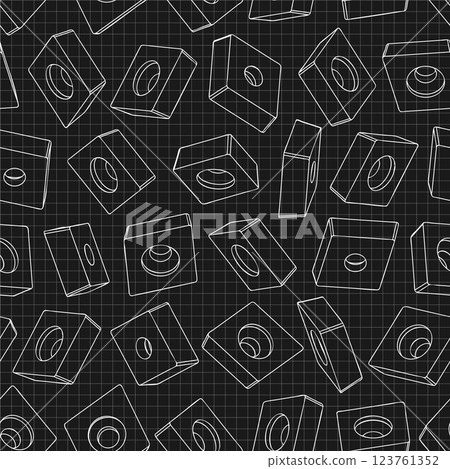 Mechanical engineering drawings on black background. Cutter, assembly tool with replaceable multi-faceted plate. Technical Design. Cover. Blueprint. Vector illustration. Seamless pattern. Mechanical engineering drawings on black background. Cutter, assembly tool with replaceable multi-faceted plate. Technical Design. Cover. Blueprint. Vector illustration. Seamless pattern. 123761352