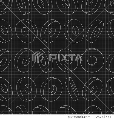 Mechanical engineering drawings on black background. Cutter, assembly tool with replaceable multi-faceted plate. Technical Design. Cover. Blueprint. Vector illustration. Seamless pattern. 123761355