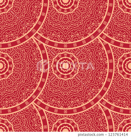 Vector Japanese seamless pattern in oriental geometric traditional style. Festive ornament for lunar chinese new year decoration. Red and golden asian creative motif. Abstract Waves and Circles 123761414