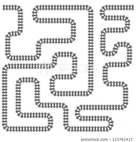 Vector Railway train track illustration. Rail pattern round circular curve railroad path icon. Straight, circular, rectangular, oval shapes, symbolizing transport routes Vector Railway train track illustration. Rail pattern round circular curve railroad path icon. Straight, circular, rectangular, oval shapes, symbolizing transport routes 123761417
