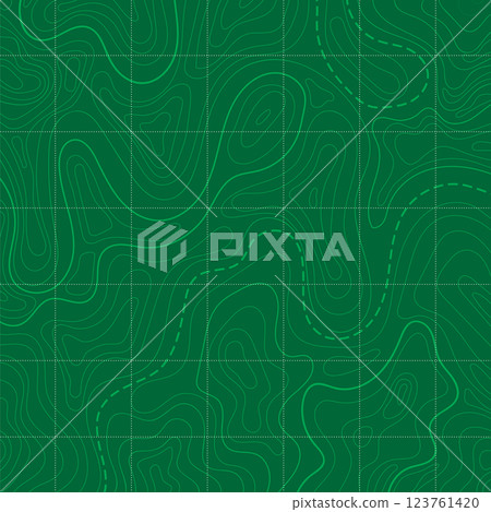 Vector topographic realistic green map. Travel illustration with contour lines. Geographic terrain grid, relief height elevation. Ground path pattern. Navigation, cartography design element 123761420