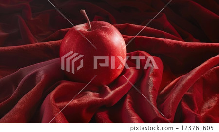 Red Apple Resting on Red Satin Fabric Close-Up 123761605