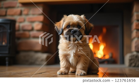 Cute puppy sitting in front of a cozy fireplace with a warm glow and rustic brick wall Cute puppy sitting in front of a cozy fireplace with a warm glow and rustic brick wall 123761656