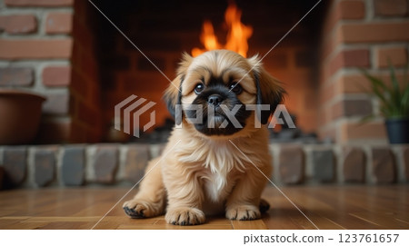 Cute puppy sitting on wooden floor in front of cozy fireplace with flickering flames Cute puppy sitting on wooden floor in front of cozy fireplace with flickering flames 123761657