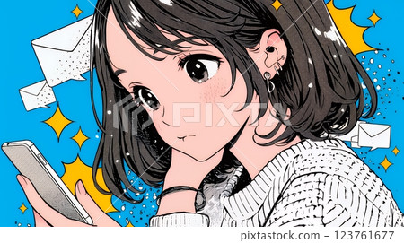 緊張的女人一邊咬著嘴唇，一邊用智慧型手機閱讀電子郵件。他臉上露出焦慮的神情。 123761677