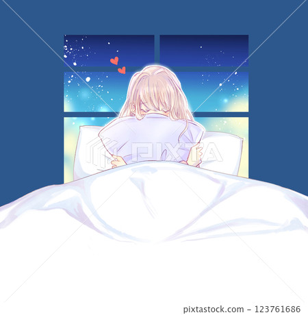 Woman hugging a cushion on a bed, love, window Woman hugging a cushion on a bed, love, window 123761686