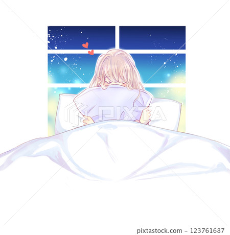 Woman hugging a cushion on a bed, love, window Woman hugging a cushion on a bed, love, window 123761687