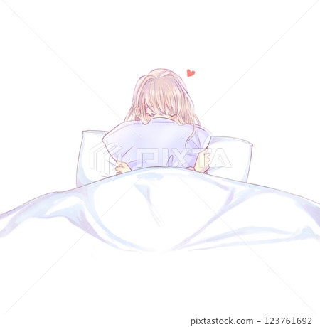Woman hugging a cushion on the bed Love 123761692