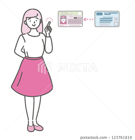 Illustration of a young college student explaining about his/her My Number card and health insurance card 123761819
