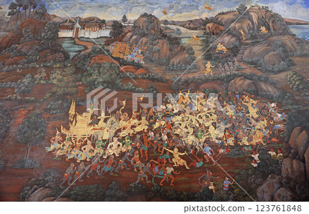 Thai Buddhist Art Gold mural paintings along the galleries of the Temple of the Emerald Buddha, Grand Palace or Wat Phra Kaew in Bangkok, Thailand 123761848