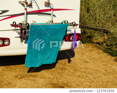 Camper car with clothes to dry Camper car with clothes to dry 123761930
