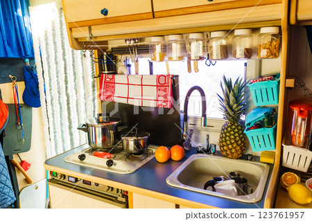 Caravan inside, kitchen area 123761957