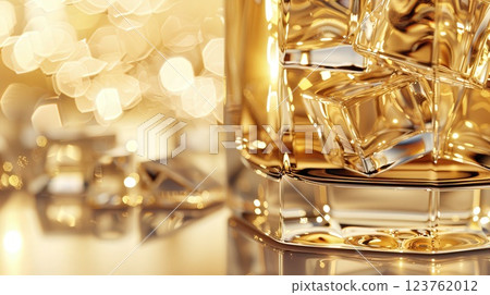 Close-Up of Whiskey Glass with Ice and Golden Bokeh 123762012