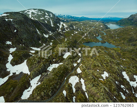 Aerial view. Road and lakes in mountains Norway Aerial view. Road and lakes in mountains Norway 123762063