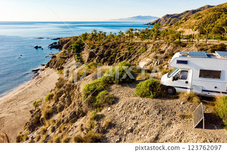 Caravan camping on sea shore, Spain. 123762097