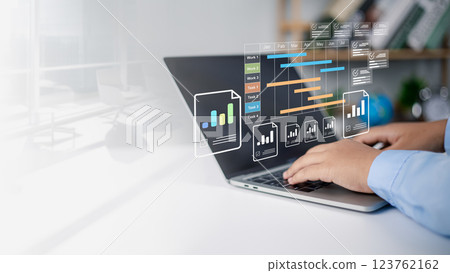 Planning software, Project management tool and work schedule concept, Businessman use laptop to manager working projects and update task with gantt chart schedule to Business plan and progress. 123762162