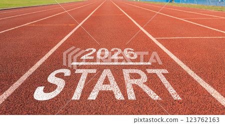 New year resolution 2026 concept, Word start 2026 written on athletics track preparing for new year for challenge and change, Planning and the goal to success, Beginning of new season. 123762163