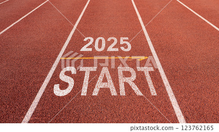 New year resolution 2025 concept, Word start 2025 written on athletics track preparing for new year for challenge and change, Planning and the goal to success, Beginning of new season. 123762165