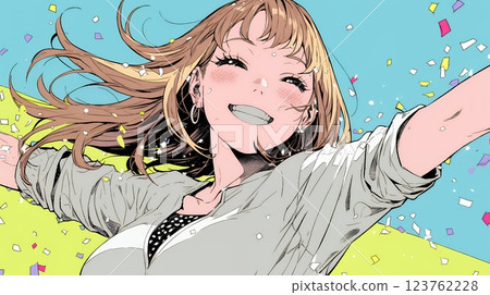 Cheerful young woman delighted with open arms 123762228