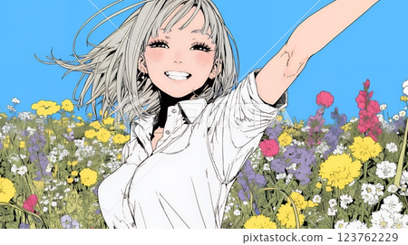 Cheerful young woman delighted with open arms Cheerful young woman delighted with open arms 123762229