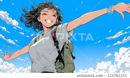 個性開朗的年輕女子張開雙臂高興 個性開朗的年輕女子張開雙臂高興 123762231