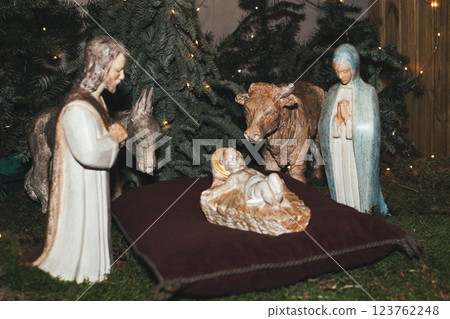 Christmas nativity scene Creche with Joseph Mary, Jesus and magi 123762248
