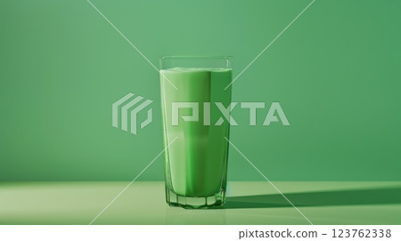 Glass of Green Beverage on a Stylish Green Background 123762338