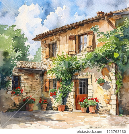 old house in the village, clear sunny day picture painted with watercolors 123762380