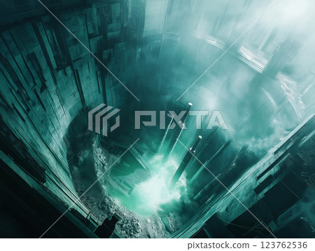 Futuristic depiction of a massive industrial crater with towering pillars and glowing mist 123762536