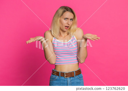 Angry woman asking why what reason of failure irritation disbelief by troubles conflict quarrel 123762620