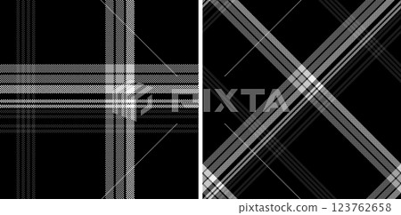 Set black and white check plaid seamless vector pattern. 123762658
