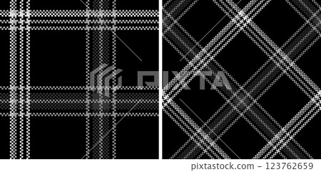 Set black and white check plaid seamless vector pattern. 123762659