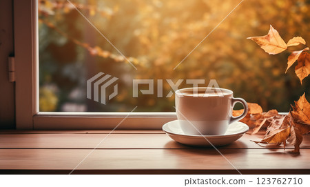 A cup of hot coffee on a wooden table beside a window 123762710