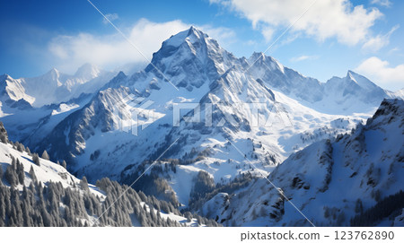 Landscape of mountain peaks summits with snow capped with cloudy 123762890