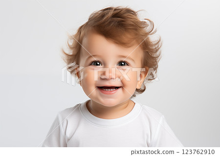 Happy boy on white background. Close up portrait of cute baby 123762910