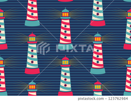 Vector seamless pattern of lighthouse in retro style. Marine pattern of lighthouses. Vector seamless pattern of lighthouse in retro style. Marine pattern of lighthouses. 123762984