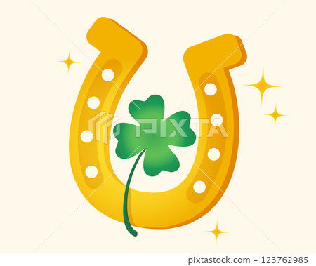 Vector illustration of a four leaf clover and horseshoe. Vector icon of lucky clover and horseshoe for Patrick's day. Shamrock. Paddy's day. 123762985