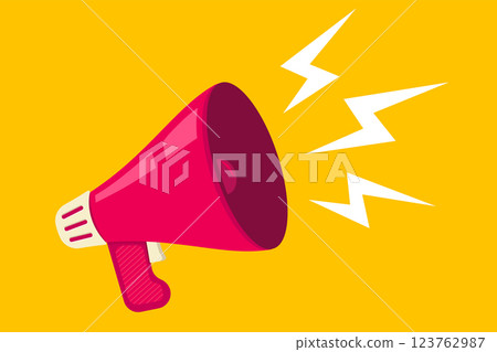 Vector icon of vintage megaphone for fake, breaking news or sale. Vector retro red megaphone with lightning on yellow background. Vector icon of vintage megaphone for fake, breaking news or sale. Vector retro red megaphone with lightning on yellow background. 123762987