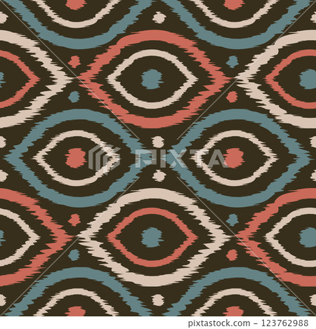 Vector seamless ikat ogee pattern in vintage style. Retro pattern of abstract eyes. Vector seamless ikat ogee pattern in vintage style. Retro pattern of abstract eyes. 123762988