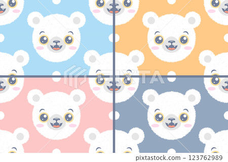 Vector set of seamless patterns of head of a polar bear with snow for children. Vector pattern of kawaii white bear for kids party. Baby bear emoji. Vector set of seamless patterns of head of a polar bear with snow for children. Vector pattern of kawaii white bear for kids party. Baby bear emoji. 123762989