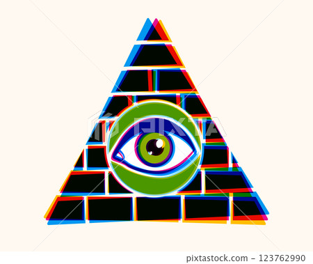 Vector vintage illustration of a pyramid with eye in glitch style. Pyramid with eye on white background. Vector vintage illustration of a pyramid with eye in glitch style. Pyramid with eye on white background. 123762990