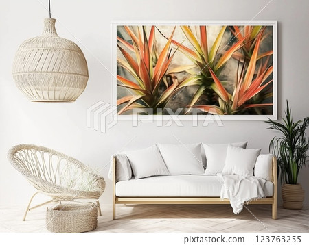 Cozy Scandinavian interior of a living room with a painting on the wall with Bromeliads. 123763255