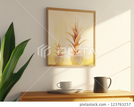 Cozy Scandinavian interior of a living room with a painting on the wall with Bromeliads. 123763257