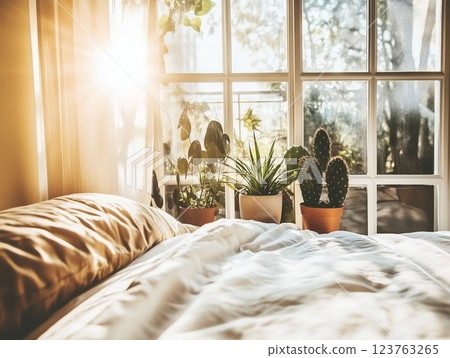 A cozy sunny bedroom with cacti in clay pots on the windowsill. House plants. 123763265