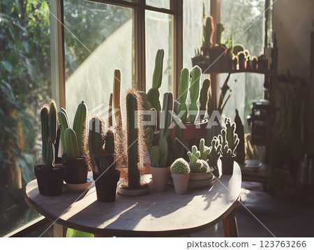 Different types of cacti in clay pots on a wooden table on the sunny veranda. House plants. 123763266