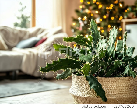 Cactus in a wicker pot in a cozy sunny room with Christmas decor. House plants. 123763269